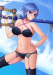  1girl aqua_(kingdom_hearts) black_bra black_panties blue_eyes blue_hair blue_sky bra breasts cloud cloudy_sky cowboy_shot day garter_straps grin groin highres holding holding_weapon keyblade kingdom_hearts kingdom_hearts_birth_by_sleep looking_at_viewer medium_breasts midriff navel ocean outdoors over_shoulder panties short_hair sky smile solo thighhighs underwear underwear_only weapon weapon_over_shoulder zelc-face 