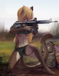  2019 anthro backpack blonde_hair blue_eyes bottomwear breasts clothed clothing cougar felid feline female gun hair hi_res mammal midriff navel one_eye_closed outside ranged_weapon rifle shorts sicmop sierra_(pumapaws) solo stars_and_stripes under_boob united_states_of_america weapon 