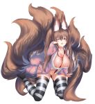  1girl absurdres animal_ear_fluff animal_ears arms_up blush breasts brown_hair commission fox_ears fox_girl fox_tail green_eyes highres long_hair looking_at_viewer multiple_tails necktie no_panties open_clothes original pink_cardigan plushmallow saliva sleepy solo striped striped_legwear tail thighhighs twintails xeirn 