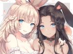  2girls :d animal_ear_fluff animal_ears ayuanlv bangs bare_shoulders black_choker black_hair blue_eyes blush breasts brown_hair bunny_ears choker cleavage closed_mouth collarbone dark_skin dated dress eyebrows_visible_through_hair final_fantasy final_fantasy_xiv fingernails forehead grey_background hand_on_another&#039;s_shoulder light_brown_hair long_hair looking_at_viewer medium_breasts mole mole_under_eye moogle multiple_girls open_mouth parted_bangs parted_lips petals side-by-side signature sleeveless sleeveless_dress smile two-tone_background upper_body viera white_background white_dress 