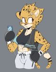  2019 abs anthro ash_(yeahbeezii) athletic band-aid bandage beezii boxing boxing_gloves brown_eyes brown_nose cheetah clothing earbuds eyebrows felid feline female fur grey_background handwear headphones hi_res mammal midriff phone raised_eyebrow simple_background solo sport spots spotted_fur sweatpants towel 