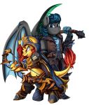  2019 absurd_res armor biped dragon equid equine fan_character female hi_res horse hybrid male mammal my_little_pony open_mouth pony pridark smile weapon 