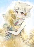  1girl animal_ears bare_arms bare_shoulders brown_eyes cat_ears closed_mouth collarbone copyright_name dress flower hair_ribbon holding holding_flower leaf niyah ribbon shino_haruto short_hair silver_hair solo twitter_username xenoblade_(series) xenoblade_2 yellow_dress yellow_flower yellow_ribbon 