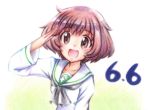  1girl :d akiyama_yukari bangs black_neckwear blouse brown_eyes brown_hair colored_pencil_(medium) commentary dated eyebrows_visible_through_hair girls_und_panzer kazami_satoru long_sleeves looking_at_viewer messy_hair neckerchief ooarai_school_uniform open_mouth salute school_uniform serafuku short_hair smile solo traditional_media upper_body white_background white_blouse 