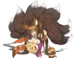  1girl absurdres animal_ear_fluff animal_ears aqua_eyes bangs blush breasts brown_hair cleavage commission fang fox_ears fox_girl fox_tail green_eyes highres large_breasts long_hair long_sleeves looking_at_viewer maron_(pet) multiple_tails open_clothes open_mouth original pink_cardigan plushmallow romana simple_background solo tail twintails white_background 
