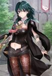  1girl armlet armor blue_eyes blue_hair blush breasts brown_legwear byleth byleth_(female) cape castle cleavage detached_collar fire_emblem fire_emblem:_three_houses gauntlets haru_(nakajou-28) holding holding_cape holding_sword holding_weapon knife long_hair looking_at_viewer midriff midriff_peek navel outdoors sheath short_shorts shorts smile solo sword thighhighs tree weapon 