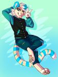  2018 4_toes 5_fingers anthro barefoot blue_eyes citrinelle clothed clothing digital_media_(artwork) felid fingers lab_(disambiguation) male mammal pantherine simple_background smile solo tiger toes 