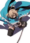  1girl black_legwear blonde_hair bow fate_(series) fu-ta hair_bow holding holding_sword holding_weapon katana koha-ace okita_souji_(fate) okita_souji_(fate)_(all) sandals shadow shinsengumi simple_background solo spread_legs squatting sword thighhighs weapon white_background yellow_eyes 