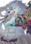  5_fingers abs anthro beard canid canine canis clothed clothing facial_hair fingers fur grey_fur hand_wraps law_(sdorica_sunset) male mammal muscular muscular_male open_mouth sdorica_sunset shirokumaou simple_background solo tongue topwear white_background wolf wraps 
