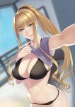  1girl bangs black_bra black_panties blonde_hair blue_eyes blurry blurry_background blush bra breasts cleavage closed_mouth damegane eyelashes grey_shirt hair_intakes highres large_breasts long_hair looking_at_viewer navel original panties ponytail shirt shirt_lift short_sleeves sidelocks smile solo thighs underwear 