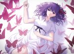  1girl absurdres black_ribbon bug butterfly dress fate/stay_night fate_(series) from_above hair_ribbon highres insect long_hair looking_at_viewer lq_saku lying matou_sakura on_back parted_lips purple_eyes purple_hair red_ribbon rei_no_himo ribbon short_sleeves solo white_background white_dress 