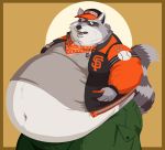  annoyed anthro bandanna baseball_cap belly big_belly caleblloyd clothed clothing dog_tags eye_scar facial_markings fur grey_fur hat head_markings headgear headwear hi_res male mammal markings mask_(marking) moobs navel obese obese_male open_mouth overweight overweight_male pockets procyonid raccoon ringtail rocky_ramos scar solo thumb_in_pocket 