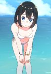  1girl :o bangle bangs bare_legs bare_shoulders bikini black_hair blue_eyes blue_sky bracelet breasts cloud cloudy_sky collarbone commentary_request day eyebrows_visible_through_hair feet_out_of_frame hair_between_eyes hands_on_own_thighs highres horizon jewelry leaning_forward looking_at_viewer navel ocean original outdoors parted_lips side-tie_bikini sky small_breasts solo standing suzunari_shizuku swimsuit water white_bikini yuki_arare 
