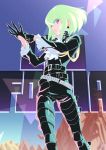  1boy adjusting_clothes adjusting_gloves apollo_hotori belt black_gloves black_jacket character_name cravat gloves green_hair half_gloves jacket lio_fotia male_focus mountainous_horizon promare purple_eyes solo 