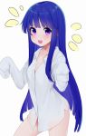  1girl :d bangs blue_hair blush collared_shirt commentary_request dress_shirt eyebrows_behind_hair furude_rika higurashi_no_naku_koro_ni long_hair long_sleeves notice_lines open_mouth purple_eyes ratsuku_kinoko see-through see-through_silhouette shirt simple_background sleeves_past_fingers sleeves_past_wrists smile solo very_long_hair white_background white_shirt 