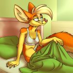  1:1 2019 5_fingers anthro bed bedroom bra canid canine cheek_tuft clothing eyebrows eyelashes female fennec finger_claws fingers fox fur green_eyes hair hi_res inner_ear_fluff inside mammal mimi-fox mimi_(mimi-fox) morning on_bed pillow pink_nose smile solo tuft underwear 