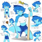  ... 1girl bangs baseball baseball_bat baseball_cap baseball_mitt blue_eyes blue_hair blue_skin bored crop_top denim denim_shorts directional_arrow eyebrows_visible_through_hair frown hat highres holding_baseball_bat lapis_lazuli_(steven_universe) looking_at_viewer midriff nano8 shoes short_hair short_shorts shorts simple_background smile sneakers speech_bubble spoken_ellipsis squatting steven_universe translation_request white_background 