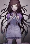  1girl absurdres apron bandaged_arm bandages bangs black_hair breasts commentary_request danganronpa eyebrows_visible_through_hair highres huyuharu0214 large_breasts long_hair looking_at_viewer mole mole_under_eye nurse open_mouth puffy_short_sleeves puffy_sleeves purple_eyes purple_hair short_sleeves skirt solo super_danganronpa_2 tsumiki_mikan 