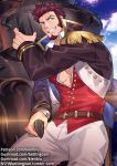  1boy bara beard blue_eyes brown_hair chest epaulettes facial_hair fate/grand_order fate_(series) holding holding_weapon huge_weapon kienbiu long_sleeves looking_at_viewer male_focus military military_uniform muscle napoleon_bonaparte_(fate/grand_order) pants scar smile solo uniform weapon 