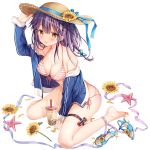  1girl azur_lane bangs bare_legs bare_shoulders barefoot between_legs bikini blue_jacket blush breasts bubble_tea cleavage collarbone cup disposable_cup drawstring drinking_straw flower front-tie_bikini front-tie_top hair_ornament hairclip halterneck hand_on_headwear hand_up hat hat_flower hat_ribbon highres jacket medium_breasts mullany_(azur_lane) off_shoulder open_clothes open_jacket open_mouth pink_bikini purple_hair ribbon sandals sandals_removed side-tie_bikini sidelocks simple_background sitting sleeves_past_wrists solo sousouman starfish straw_hat striped striped_bikini sunflower swimsuit thigh_strap thighs wariza white_background 