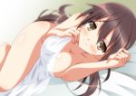  1girl bed bed_sheet blush breasts brown_eyes brown_hair cleavage closed_mouth collarbone covered_nipples eyebrows_visible_through_hair gertrud_barkhorn groin isa_(ni-iro) large_breasts long_hair looking_at_viewer nude on_bed shiny shiny_hair shiny_skin smile solo strike_witches world_witches_series 