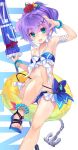  1girl :d anchor arm_up azur_lane bandeau bangs bare_arms bare_legs bare_shoulders beach_umbrella bead_anklet bikini blue_bikini blue_bow blue_footwear blush bow bracelet breasts chain collarbone cross_hair_ornament eyebrows_visible_through_hair feet_out_of_frame flower hair_flower hair_ornament halterneck hibiscus high_ponytail innertube javelin_(azur_lane) jewelry looking_at_viewer navel open_mouth ponytail purple_hair red_flower sandals shirokitsune simple_background small_breasts smile solo stomach swimsuit thighs umbrella white_background 