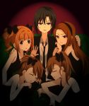  5girls androgynous antenna_hair black_dress black_eyes black_hair black_hairband black_jacket black_neckwear brown_eyes brown_hair closed_eyes collarbone collared_shirt dress dress_shirt eyebrows_visible_through_hair futami_ami futami_mami grey_shirt hairband harem idolmaster idolmaster_(classic) jacket kaho_(ramb) kikuchi_makoto long_hair looking_at_viewer minase_iori multiple_girls necktie open_clothes open_jacket parted_lips shiny shiny_hair shirt short_hair sitting sleeveless sleeveless_dress takatsuki_yayoi wing_collar 