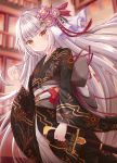  1girl absurdres alternate_costume azur_lane blurry blurry_background blush commentary_request flower grey_hair hair_flower hair_ornament highres hime_cut japanese_clothes kimono looking_at_viewer silver_hair smile solo sword tanabata weapon yellow_eyes z46_(azur_lane) 