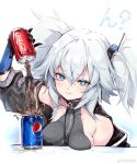  1girl absurdres blue_eyes breast_rest breasts bright_pupils coca-cola covered_collarbone girls_frontline gloves heart heart-shaped_pupils highres looking_at_viewer pa-15_(girls_frontline) parted_lips pepsi shanyao_jiang_tororo short_twintails sidelocks silver_hair small_breasts smile smirk solo symbol-shaped_pupils twintails upper_body weibo_username white_pupils 