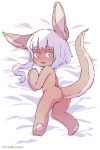  2019 2:3 ambiguous_gender anthro blush brown_fur butt cute_fangs fur hair hi_res horizontal_pupils looking_back lying made_in_abyss nanachi narehate nude on_side open_mouth orenjipiiru solo white_hair yellow_eyes 