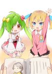  2girls :d absurdres ahoge amaryllis_gumi bangs black_skirt blonde_hair blue_eyes blue_ribbon blush blush_stickers book bow brown_eyes character_request collared_shirt detached_sleeves eyebrows_visible_through_hair fang fingernails green_hair hair_bow hair_over_one_eye hair_ribbon highres japanese_clothes kimono kindergarten_uniform kotohara_hinari long_hair long_sleeves multiple_girls no_shoes open_book open_mouth out_of_frame pink_skirt pleated_skirt red_bow red_skirt ribbon ribbon-trimmed_sleeves ribbon_trim round_teeth shirt skirt sleeveless sleeveless_kimono smile socks striped striped_legwear tama_(tama-s) teeth twintails upper_teeth v-shaped_eyebrows vertical-striped_legwear vertical_stripes very_long_hair white_kimono white_legwear white_sleeves wide_sleeves yellow_bow 