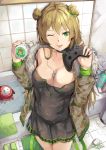  1girl ;) ahoge bangs bare_shoulders bathtub black_dress blush bow breasts brown_hair camouflage_jacket choker cleavage collarbone covered_navel covered_nipples dog_tags double_bun dress eyebrows_visible_through_hair fur_trim girls_frontline gloves green_eyes hair_between_eyes hair_bow highres hiroki_ree holding holding_game_controller indoors jacket jewelry long_hair looking_at_viewer medium_breasts necklace off_shoulder one_eye_closed rfb_(girls_frontline) see-through short_dress signature smile solo wet wet_clothes 