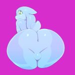  1:1 2019 alien backsack balls big_butt blue_skin blue_tail butt digital_media_(artwork) girly glistening green_eyes looking_at_viewer male not_furry nude pink_background presenting presenting_hindquarters puwa rear_view simple_background skoon_(character) solo sqoon tendrils thick_thighs 