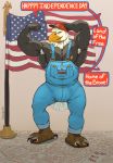  2019 3_toes 4th_of_july 5_fingers accipitrid accipitriform anthro armpit_hair avian bald_eagle beak big_bulge bird boots bulge clothing digital_drawing_(artwork) digital_media_(artwork) eagle english_text eyebrows feathers fingers flag flexing footwear hat headgear headwear hi_res huge_muscles koorivlf looking_at_viewer male multicolored_feathers muscular nipples overalls patriotism politics sea_eagle shoes simple_background smile solo speech_bubble standing stars_and_stripes text toes two_tone_feathers united_states_of_america 