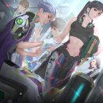  2girls 3boys absurdres adjusting_clothes adjusting_gloves alternate_hairstyle backlighting black_hair breasts casino_(overwatch) center_opening clothes_around_waist d.mon_(overwatch) d.va_(overwatch) dutch_angle glasses gloves group_picture headphones headphones_around_neck headset highres huge_filesize king_(overwatch) long_hair medium_breasts multiple_boys multiple_girls navel overlord_(overwatch) overwatch pilot_suit ponytail sports_bra white_gloves wrench youngppa 