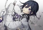  1boy checkered checkered_scarf commentary_request danganronpa from_side hair_between_eyes highres huyuharu0214 long_sleeves looking_at_viewer male_focus new_danganronpa_v3 open_mouth ouma_kokichi purple_eyes purple_hair scarf short_hair solo straitjacket white_legwear 