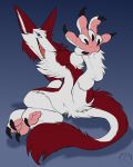  4:5 4_toes anthro carifoxleopard claws featureless_crotch feet fur hi_res looking_at_viewer male nude open_mouth pawpads sergal simple_background smile solo spread_legs spread_toes spreading toe_claws toes 