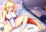  1girl absurdly_long_hair bangs bare_arms bare_legs bare_shoulders barefoot baseball_cap bed bed_sheet black-framed_eyewear blonde_hair blue_eyes blue_headwear blurry blush breasts cameltoe cleavage closed_eyes collarbone competition_swimsuit cover cover_page covered_navel covered_nipples depth_of_field doujin_cover eyebrows_visible_through_hair eyewear_removed fate/grand_order fate_(series) glasses grey_jacket hat hat_removed headwear_removed heart highleg highleg_swimsuit highres jacket jacket_removed jeanne_d&#039;arc_(fate)_(all) jeanne_d&#039;arc_(swimsuit_archer) large_breasts long_hair looking_at_viewer mask mask_removed necktie necktie_removed on_bed one-piece_swimsuit pillow ponytail rating red_neckwear sitting skin_tight smile solo spread_legs swimsuit translation_request very_long_hair whistle white_swimsuit zuizhong 