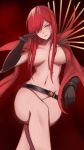 1girl bangs belt black_gloves breasts cape crossed_legs elbow_gloves fate/grand_order fate_(series) gloves grin hair_over_one_eye head_on_hand head_tilt highres large_breasts long_hair looking_at_viewer navel nude oda_nobunaga_(fate) oda_nobunaga_(maou_avenger)_(fate) red_cape red_eyes red_hair smile solo stomach thighs ushi_uta very_long_hair 
