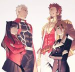  2boys 2girls archer beard black_hair black_legwear black_ribbon blue_eyes breasts brown_hair chest collared_shirt dark_skin dark_skinned_male epaulettes eyepatch facial_hair fate/grand_order fate/stay_night fate_(series) green_eyes hair_over_one_eye hair_ribbon hand_on_hip jacket long_hair long_sleeves looking_at_another male_focus multiple_boys multiple_girls muscle napoleon_bonaparte_(fate/grand_order) ophelia_phamrsolone ribbon scar shirt skirt smile toosaka_rin uniform upper_body white_background white_hair yume100_asu 