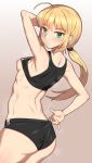  1girl adjusting_buruma adjusting_clothes arm_up armpits artoria_pendragon_(all) ass bangs black_bra black_buruma blonde_hair blush bra bra_lift breasts buruma cowboy_shot eyebrows_visible_through_hair fate/stay_night fate_(series) floating_hair green_eyes grey_background long_hair nipples nt00 ponytail saber_alter shiny shiny_hair small_breasts solo sports_bra underwear 