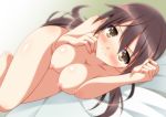  1girl bed bed_sheet blush breasts brown_eyes brown_hair closed_mouth collarbone eyebrows_visible_through_hair gertrud_barkhorn groin isa_(ni-iro) large_breasts long_hair looking_at_viewer nipples nude on_bed shiny shiny_hair shiny_skin solo strike_witches world_witches_series 