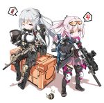  2girls ak-12_(girls_frontline) anger_vein assault_rifle asymmetrical_legwear black_gloves black_pants black_ribbon blush braid breasts closed_mouth explosive eyebrows_visible_through_hair fatkewell french_braid gas_mask girls_frontline gloves grenade gun highres holding holding_gun holding_weapon jacket knee_pads mask mask_removed medium_breasts multicolored_hair multiple_girls one_eye_closed one_side_up open_mouth pants pink_hair pleated_skirt purple_eyes ribbon rifle scope silver_hair sitting skirt smile spoken_anger_vein st_ar-15_(girls_frontline) standing streaked_hair thigh_strap trigger_discipline weapon white_background white_gloves 