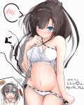  1girl 2019 akizuki_(kantai_collection) ass_visible_through_thighs bikini black_hair black_hairband bloated blue_eyes blush breasts closed_mouth collarbone dated embarrassed food giraffe_(ilconte) hairband halter_top halterneck highres kantai_collection lifted_by_self looking_at_viewer medium_breasts navel open_mouth ponytail simple_background solo swimsuit thigh_gap translation_request twitter_username upper_body white_background white_bikini 