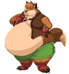  alpha_channel anthro belly big_belly caleb_lloyd caleblloyd canid canine claws clothing eating food fox fur gloves hand_on_hip handwear hi_res holding_food holding_object male mammal midriff moobs obese obese_male open_vest orange_fur overweight overweight_male pizza simple_background solo standing thick_thighs toe_claws transparent_background white_fur wide_hips 