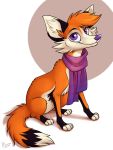  2019 ambiguous_gender canid canine cheek_tuft feral fox fur hi_res inner_ear_fluff jane_(mimi-fox) looking_at_viewer mammal mimi-fox multicolored_fur multicolored_tail orange_fur purple_eyes purple_nose scarf signature simple_background sitting smile solo tuft white_background 