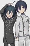  2boys absurdres ahoge alternate_costume alternate_eye_color black_hair checkered checkered_scarf commentary_request danganronpa hair_between_eyes highres huyuharu0214 jacket llong_sleeves long_sleeves looking_at_viewer male_focus multiple_boys new_danganronpa_v3 open_mouth ouma_kokichi purple_eyes purple_hair saihara_shuuichi scarf short_hair simple_background smile straitjacket striped striped_jacket striped_legwear white_background white_jacket 