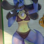  1:1 2019 anthro blue_fur bodily_fluids bra breasts canid canine clothing female food fur hi_res hopping4 looking_at_viewer lucario lying mammal navel nintendo on_back panties pok&eacute;mon pok&eacute;mon_(species) popsicle red_eyes solo spread_legs spreading sweat underwear video_games 
