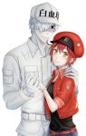  1boy 1girl baseball_cap belt black_eyes black_shirt character_name closed_mouth couple gloves hair_over_one_eye hand_on_another&#039;s_shoulder hat hataraku_saibou holding_hands jacket long_sleeves looking_at_viewer military_jacket open_clothes open_jacket print_hat red_belt red_hair red_headwear red_jacket shirt short_hair short_sleeves silver_hair smile standing upper_body white_background white_gloves white_headwear white_jacket white_skin yellow_eyes yomiyomi_p 