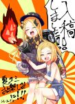  2girls abigail_williams_(fate/grand_order) bangs bare_shoulders black_bow black_dress black_headwear blonde_hair bloomers blush bow breasts brown_gloves bug butterfly can cleavage closed_eyes collarbone commentary_request dress eyebrows_visible_through_hair fate/grand_order fate_(series) fire flamethrower forehead gloves hair_bow hat highres insect long_hair long_sleeves multiple_girls naked_overalls nomeazog one_knee orange_bow overall_shorts overalls oversized_object parted_bangs paul_bunyan_(fate/grand_order) short_hair sleeves_past_fingers sleeves_past_wrists small_breasts sunburst sunburst_background translation_request underwear very_long_hair weapon white_bloomers 